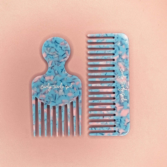 Blue afro hair comb and wide tooth comb set