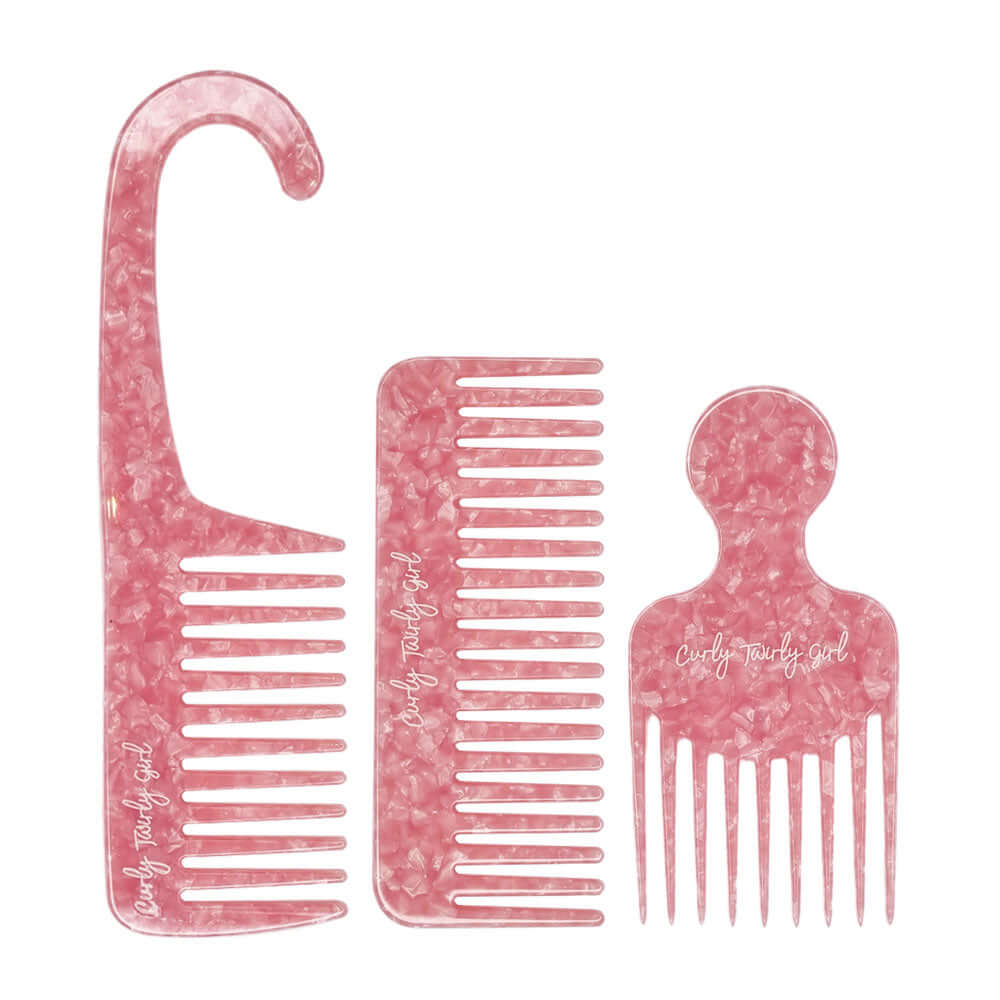 Pink shower comb, wide tooth comb and afro hair comb bundle set